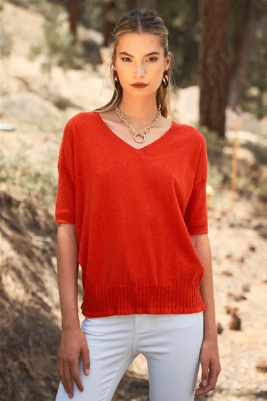 Bright Red V-Neck Short Sleeve Loose Fit Rib Hem Knit Top /1-2-2-1-1VNeckTopPlatinum