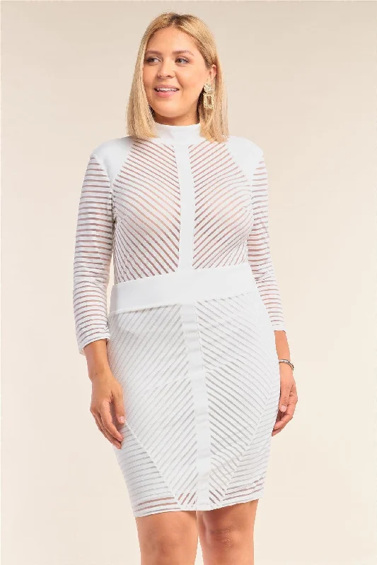 White Junior Plus Size Long Sleeve Chevron Sheer Bodycon Mini Dress /3-3