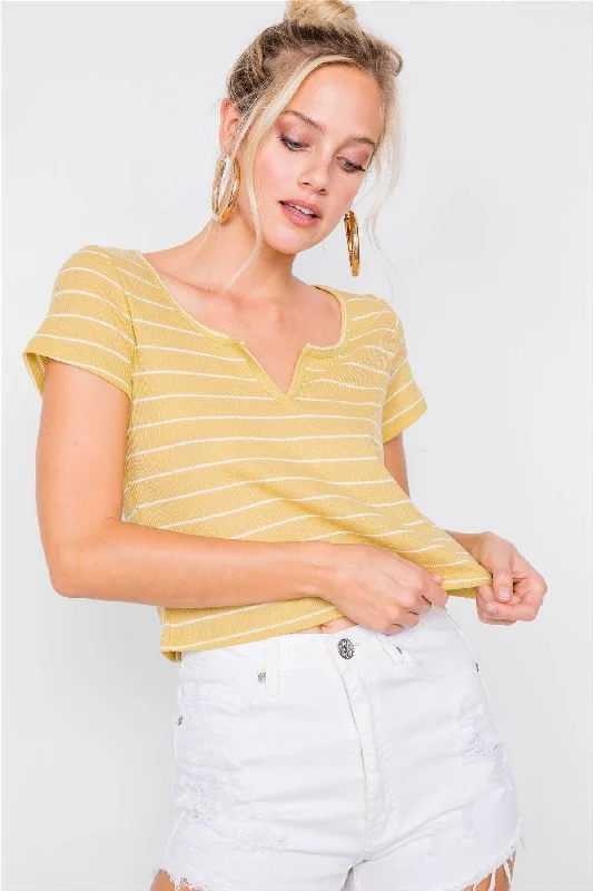 Lime & Ivory Stripe Cut Out V-Neck Short Sleeve Casual Crop Top /2-2-2VNeckTopAdventurer