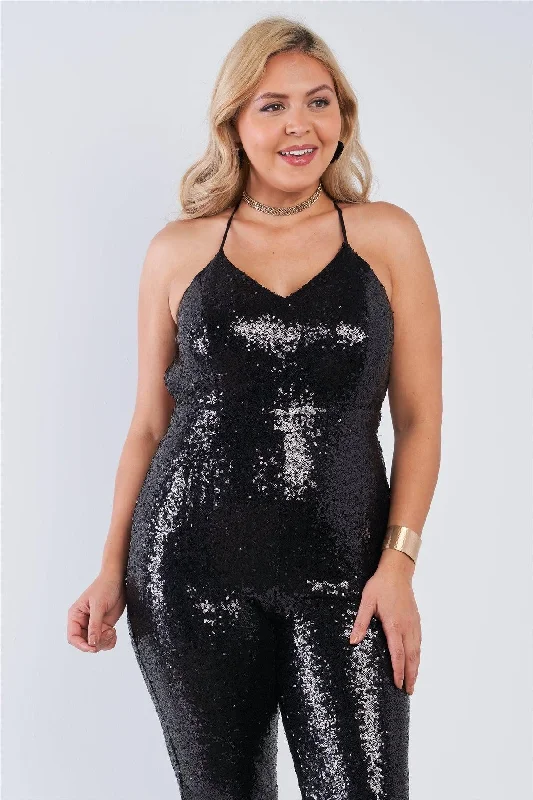 Junior Plus Size Black Sequin V-Neck Criss Cross Open Back Bodycon Jumpsuit  /3-2-2VNeckTopNest