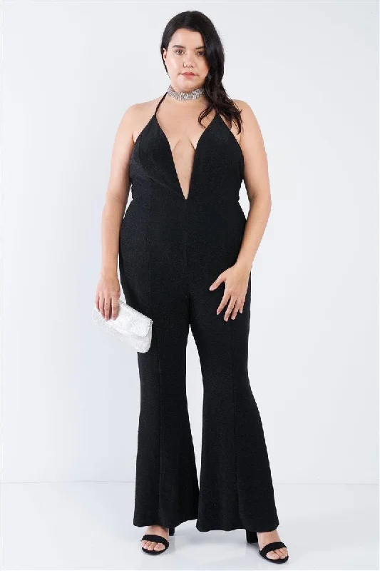 Junior Plus Size Black Shimmer Deep V-Neck Halter Flare Leg Jumpsuit /2-1-1VNeckTopBlaze