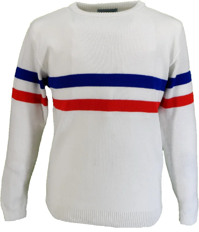 Knit V-NeckMazeys Mens White Horizontal Stripe Crew Neck Jumper