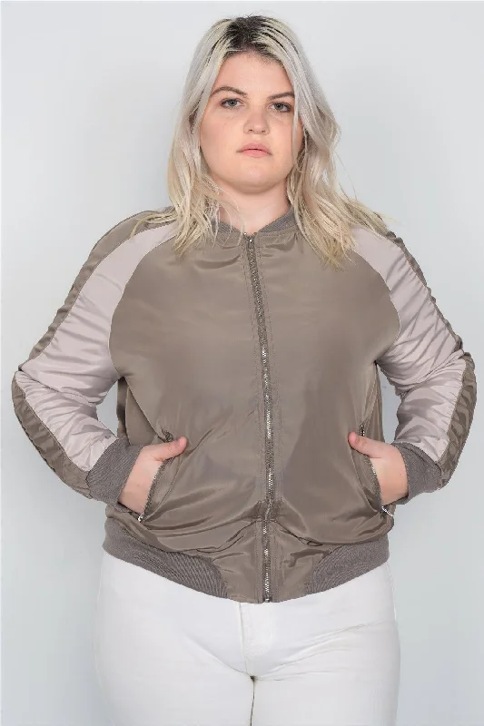 Junior Plus Size Khaki Color Block Stand Collar Zipper Long Sleeve Bomber Jacket /2-2-2