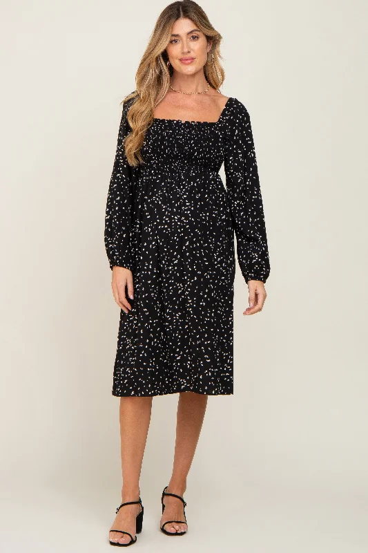 Black Printed Long Sleeve Maternity Midi Dress