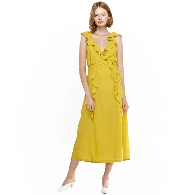 School DressWomen's Ruffle Trim Wrapped Maxi Dress in Mustard