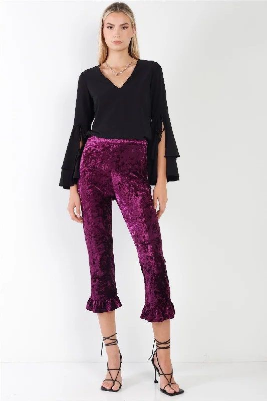 Yoga PantsPurple Velvet Ruffle Hem Detail Capri Pants /1-2-2-1