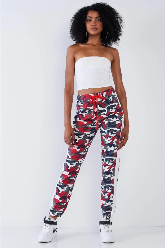 OverallsRed & Blue Camouflage High Waisted White Side Striped Elastic Waist Draw String Cargo Pants / 2-2-2