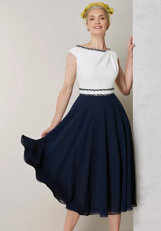 Cocktail DressJohn Charles Bead Detail Chiffon Flare Size UK14 Dress, Navy & White