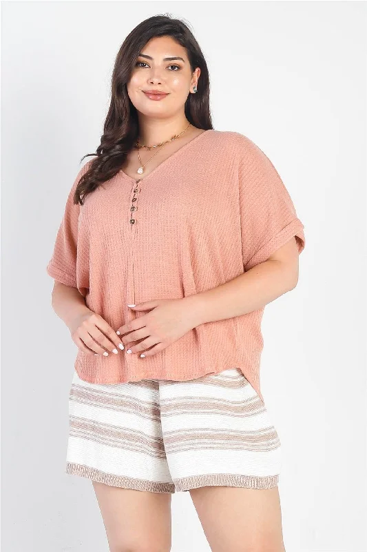 Junior Plus Light Mauve Waffle Knit Button-Up V-Neck Top /3-2-1VNeckTopGlow