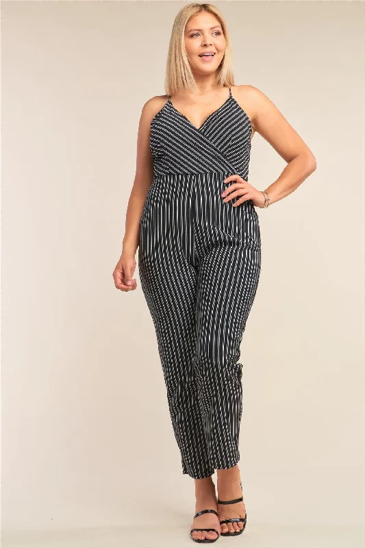 Junior Plus Size Black & White Striped Wrap Sleeveless Criss-Cross Strap Deep Plunge V-Neck Jumpsuit /2-2-2VNeckTopPinnacle