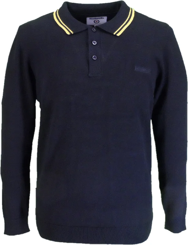 Knit TeeLambretta Mens Black Gold Tipped Collar Knitted Polo Shirt