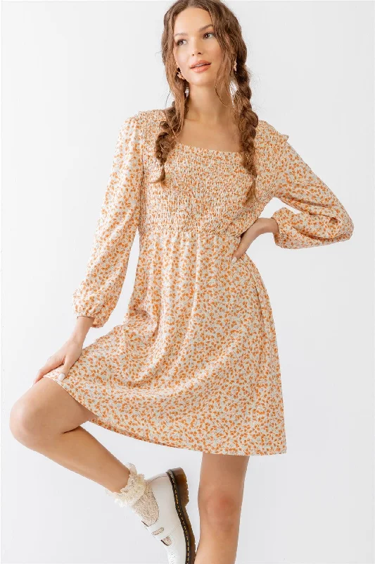 Ivory & Orange Flower Smocked Puff Long Sleeve Mini Dress /2-2-2