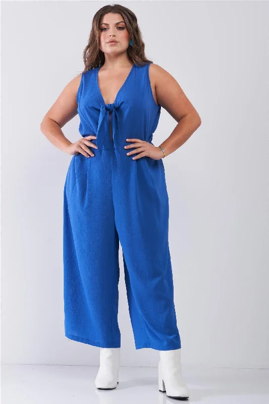 Junior Plus Size Sapphire Blue Sleeveless V-Neck Self-Tie Front Detail Wide Leg Jumpsuit /2-2-2VNeckTopStrata