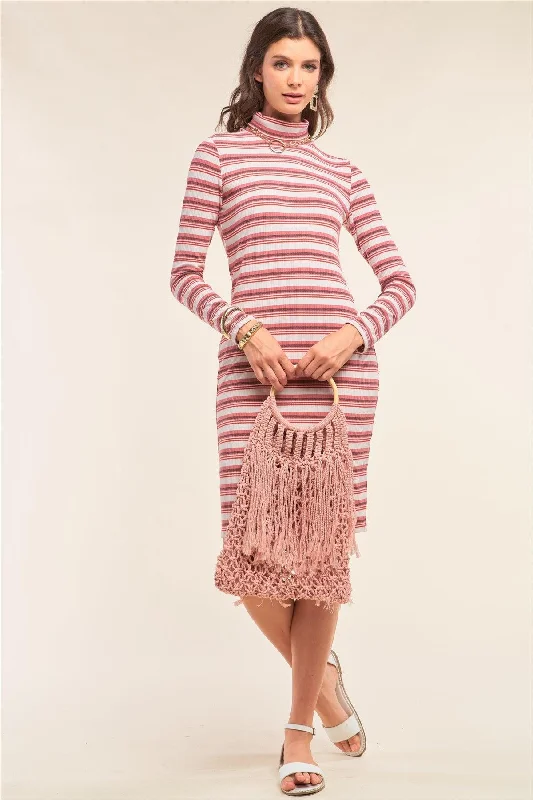 Multicolor Striped Print Long Sleeve Kimono Turtleneck Cut Out Back Detail Midi Dress /1-2-1