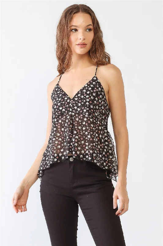 Black Floral Print V-Neck Strappy Criss-Cross Back Flare Hem Top /1-1-1VNeckTopAqua