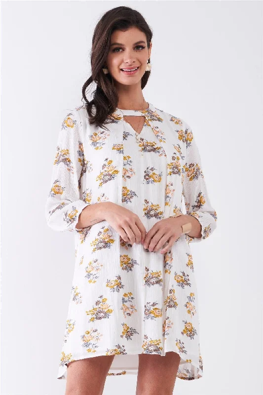 White Multicolor Floral Print Long Sleeve Pleated Front V-Neck Loose Mini Dress /1-2-2-1