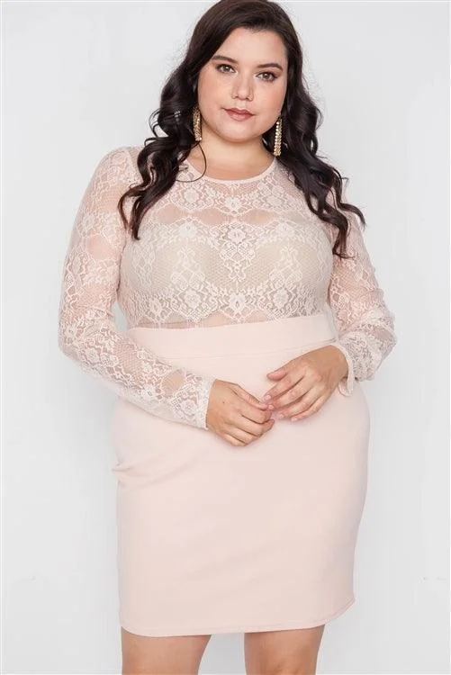 Junior Plus Size Blush Combo Lace Long Sleeve Dress /2-2-2