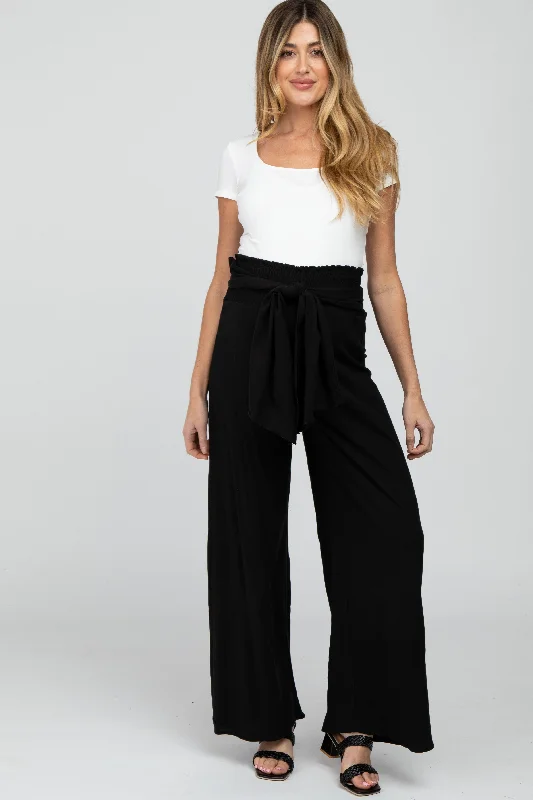 Hiking PantsBlack High Waist Tie Front Wide Maternity Pants