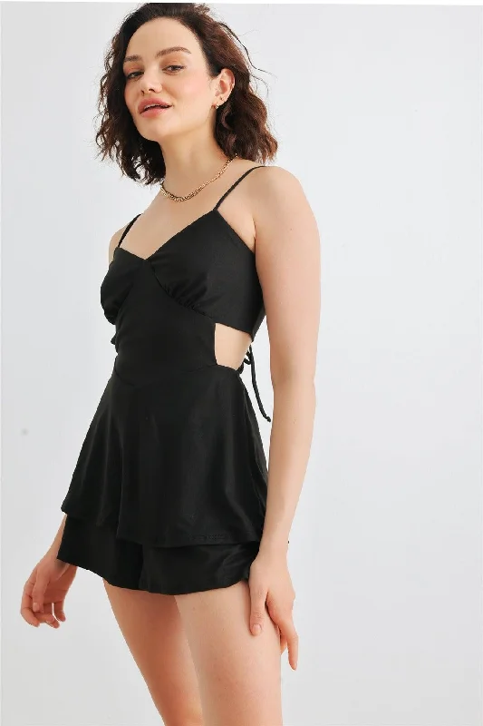 Black Sleeveless Strappy V-Neck Back Lace-Up Romper /1-2-2-1VNeckTopBlaze