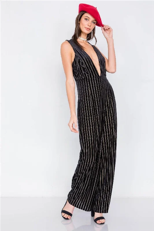 Black & Olive Silver Sheer Velvet Stripe V-Neck Chic Jumpsuit /2-2-2VNeckTopLunar