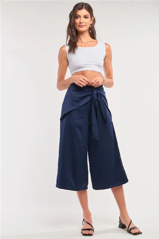 Striped PantsSolid Navy Satin High Waisted Wrap Tie Midi Pants /1-2-3-1