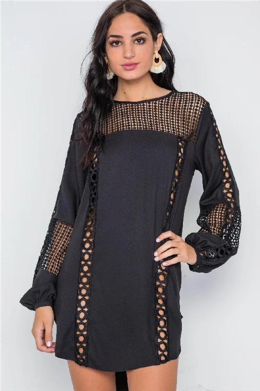 Black Crochet Trim Long Sleeve Tunic Dress