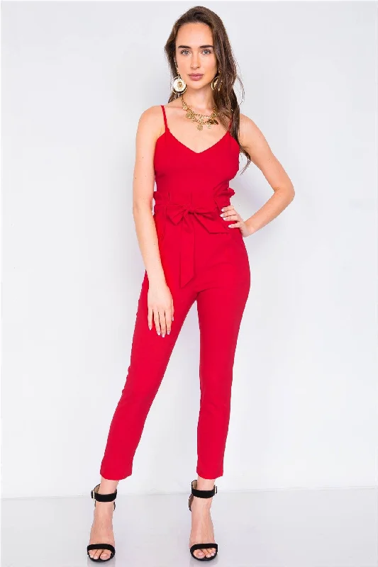 Red Mock High-Waist V-Neck Cami Casual Chic Jumpsuit  /3-2-1VNeckTopSamurai