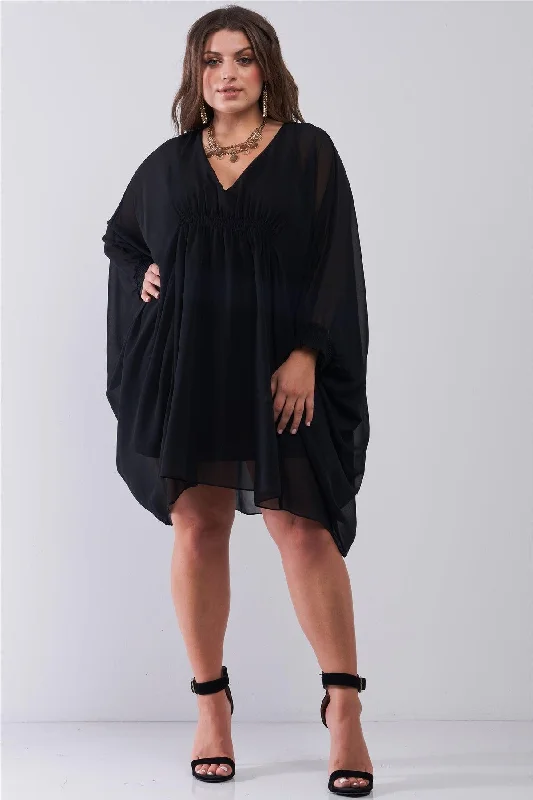 Junior Plus Black Poncho V-Neck Gathered Front Long Sleeve With Elasticated Cuff Mini Dress /1-2-3