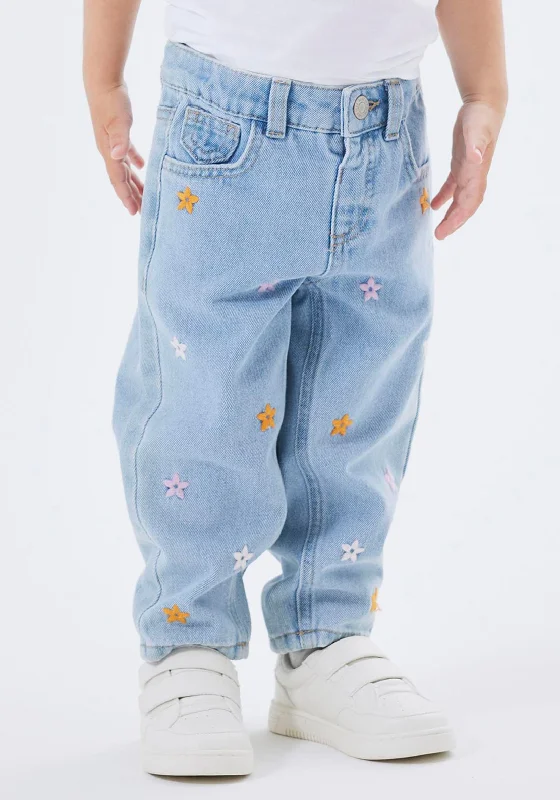 Workwear denimName It Mini Girl Bella Floral Mom Jean, Light Blue Denim