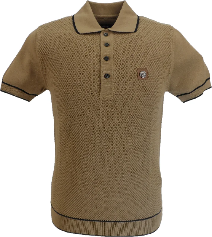 Knit VestTrojan Records Mens Camel Brown Textured Knitted Polo Shirt