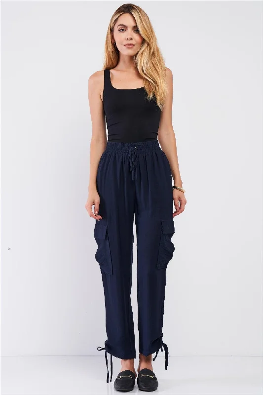 Parachute PantsNavy Elastic Draw String Tie High Waist Two Side Leg Pockets Self-Tie Bottom Drawstring Jogger Pants /1-2-2