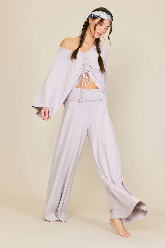 Corduroy PantsGrey Ribbed Foldover Waist Wide Leg Pants