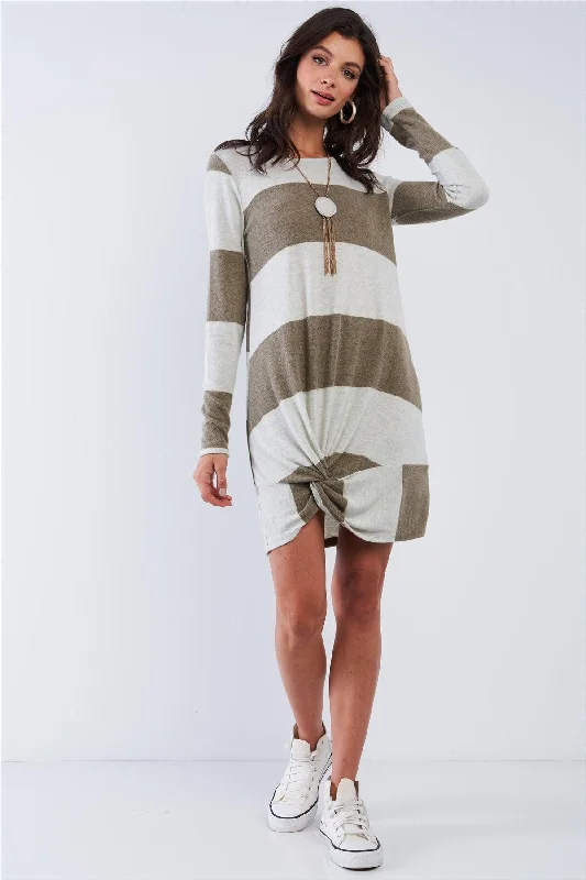 Olive Plush Soft Large Horizontal Stripe Round Neck Long Sleeve Front Swirl Tie Detail Mini Top Dress /2-2-2