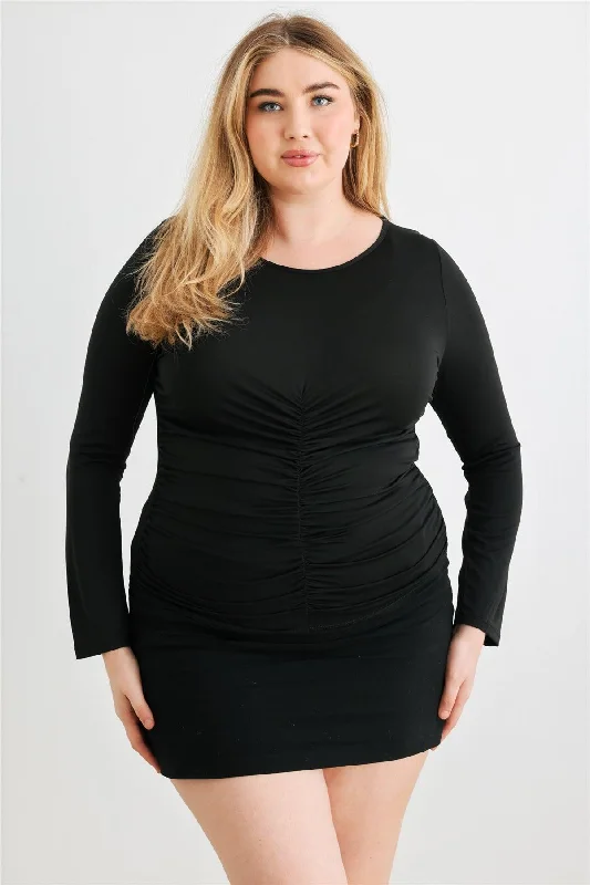 Junior Plus Black Ruched Long Sleeve Top /1-1-1