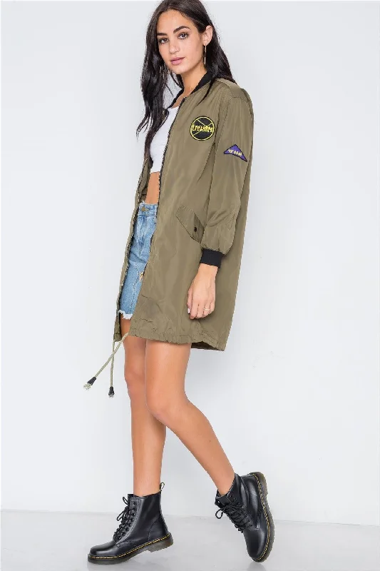 Olive Graphic Patch Long Sleeve Bomber Jacket /2-2-3