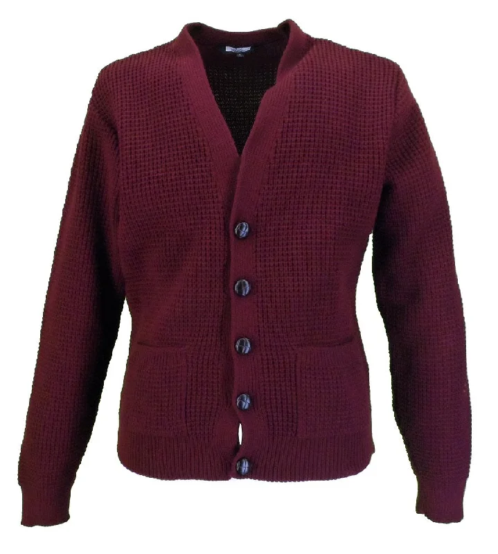 Knitted V-NeckRelco Classic Retro Waffle Knit Burgundy Cardigan