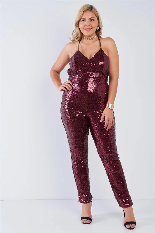 Junior Plus Size Burgundy Sequin V-Neck Criss Cross Open Back Bodycon Jumpsuit /2-1-1VNeckTopEcho