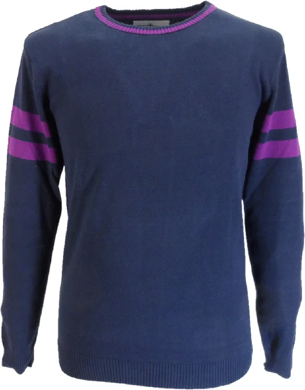 Knitted Round NeckMadcap England Mens Navy/Purple Stripe Sleeve Mod Knit Jumper