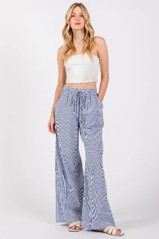 Denim JeansBlue Striped Drawstring Wide Leg Pants