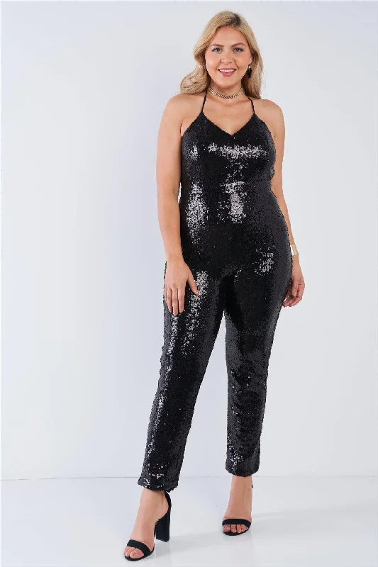 Junior Plus Size Black Sequin V-Neck Criss Cross Open Back Bodycon Jumpsuit /2-2-2VNeckTopHive