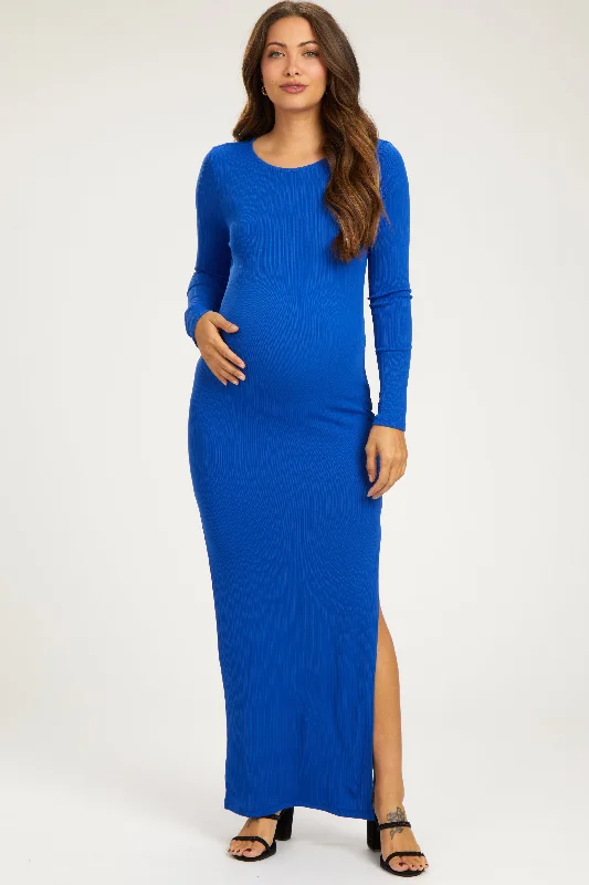 Royal Blue Ribbed Long Sleeve Side Slit Maternity Maxi Dress