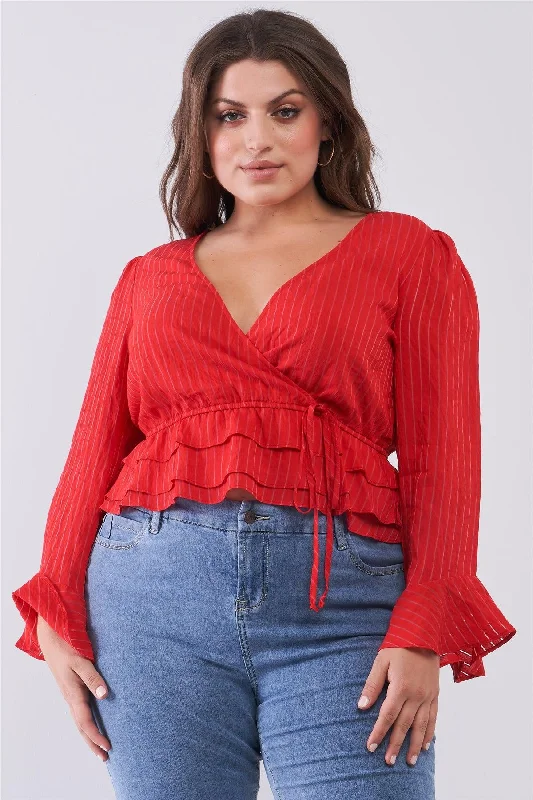 Junior Plus Size Red Sheer Pinstripe Plunging Wrap V-Neck Layered Hem Crop Top /2-2-2VNeckTopGladiator