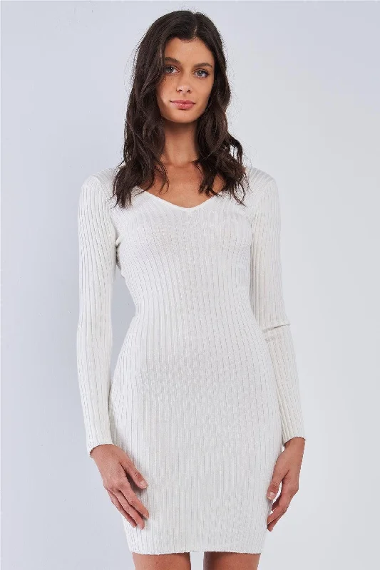 Off-White V-Neck Long Sleeve Ribbed Knit Sweater Mini Dress