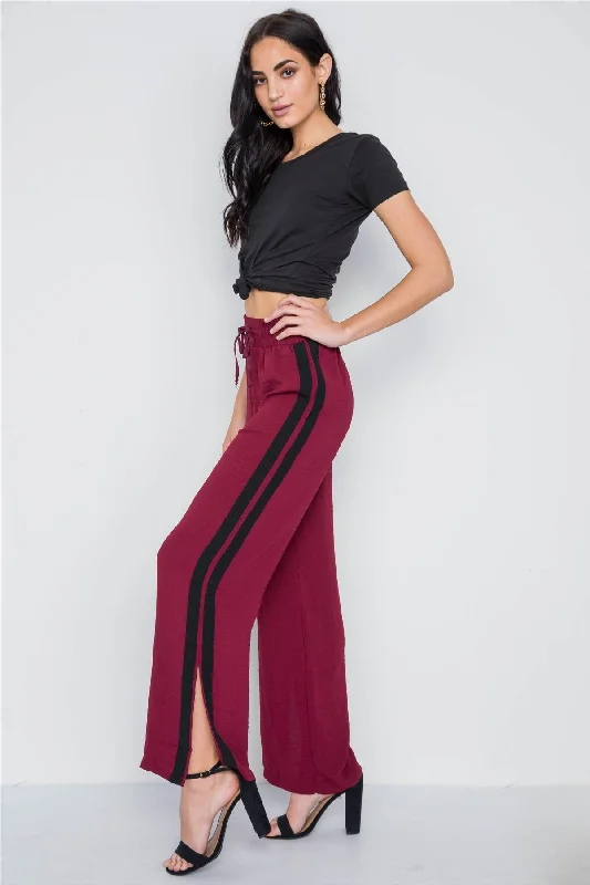 Plaid PantsWine Contrast Trim Side Slit Wide Leg Casual Pants /2-2-1