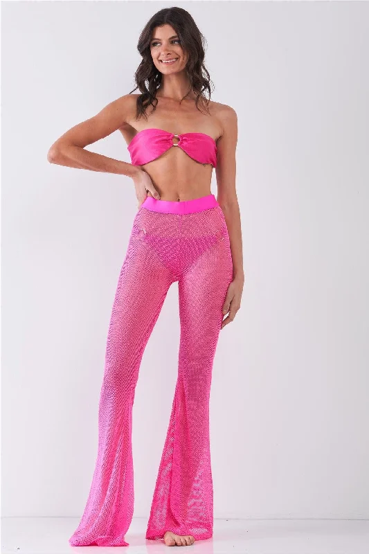 Polka-dot PantsNeon Pink Sheer Tennis Net Mesh High Waist Bell Bottom Pants /2-2-2-2