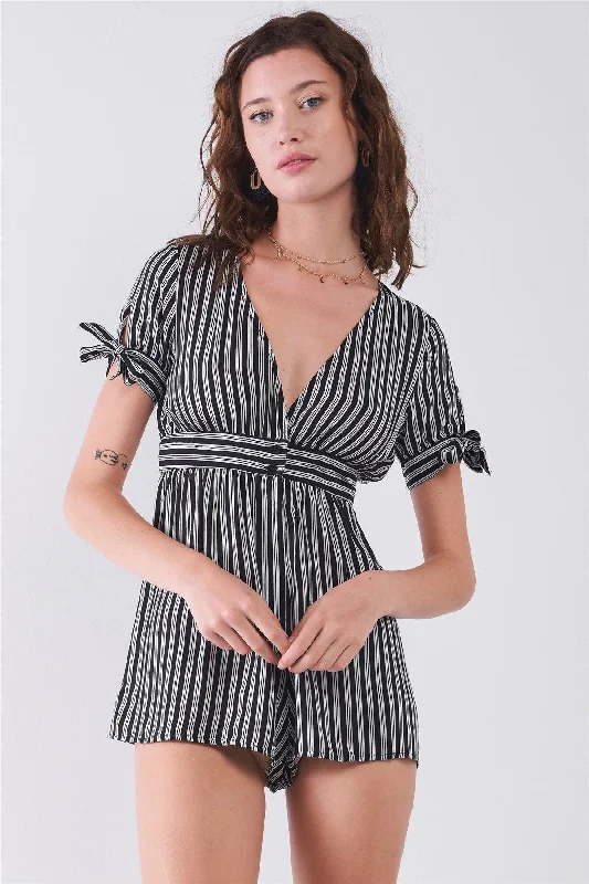 Black & White Striped Self-Tie Short Sleeve Detail V-Neck Flare Romper /3-2-1VNeckTopOasis