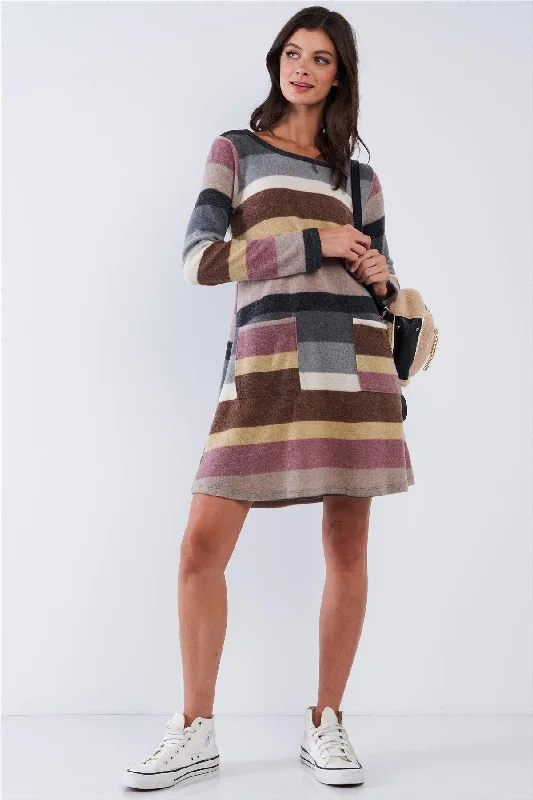 Mauve Multicolor Soft Striped Loose Fit Long Sleeve Sweater Type Mini Dress With Front Pockets /2-2-2