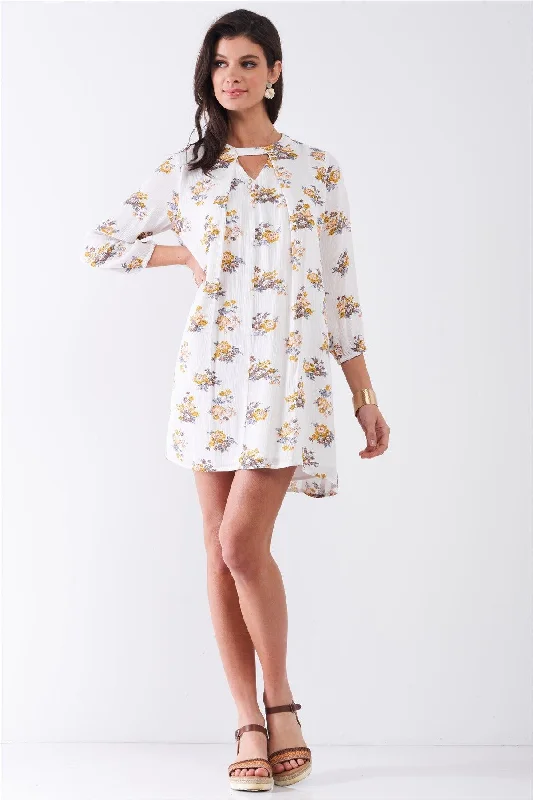 White Multicolor Floral Print Long Sleeve Pleated Front V-Neck Loose Mini Dress /1-2-1