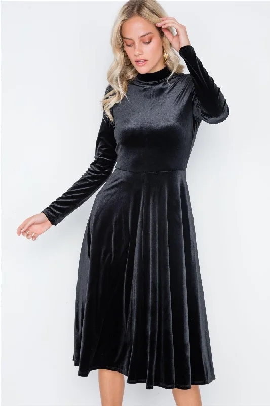 Black Velvet Long Sleeve A-Line Midi Evening Dress /2-2-2