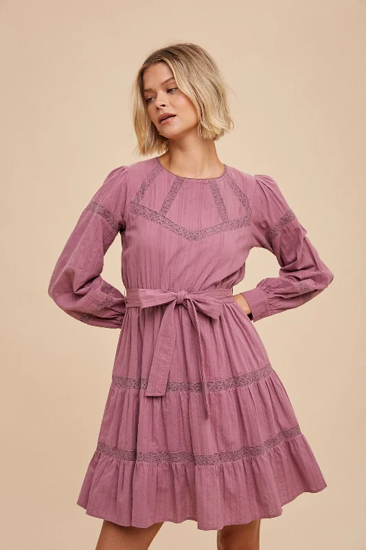 Dark Mauve Lace Inlay Long Sleeve Mini Dress